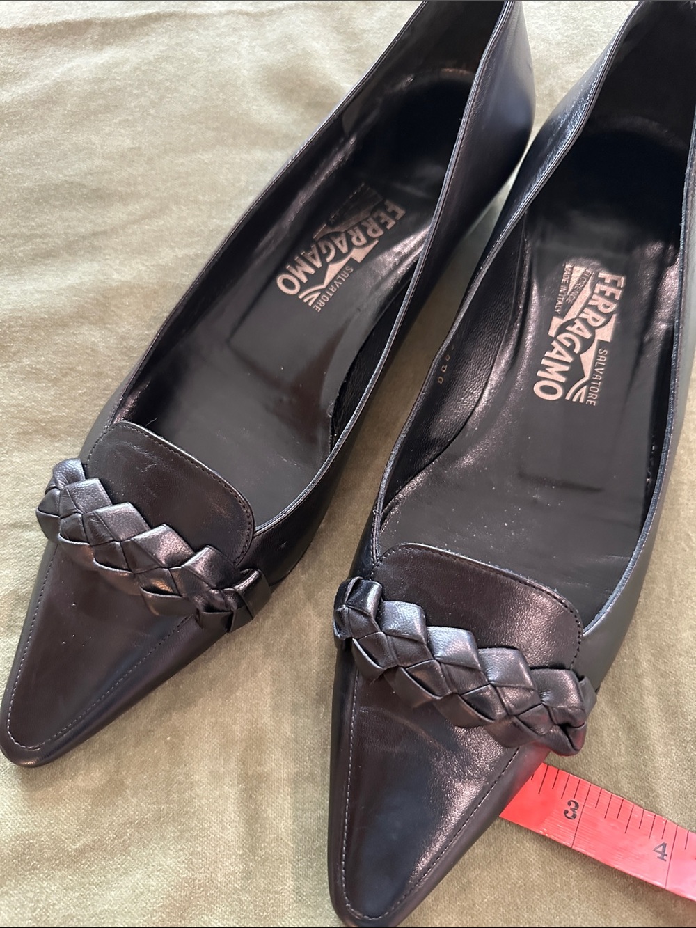 Salvatore Ferragamo Black Pointed-Toe Braided Leather Flats - Picture 2 of 9
